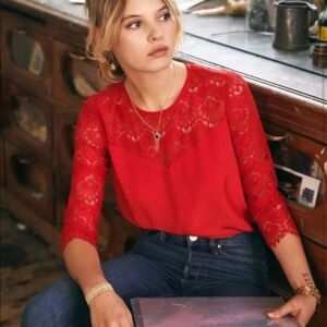 Sezane Adeline Silk Lace Bright Holiday Red Open Back Blouse 36 / 4 / S
